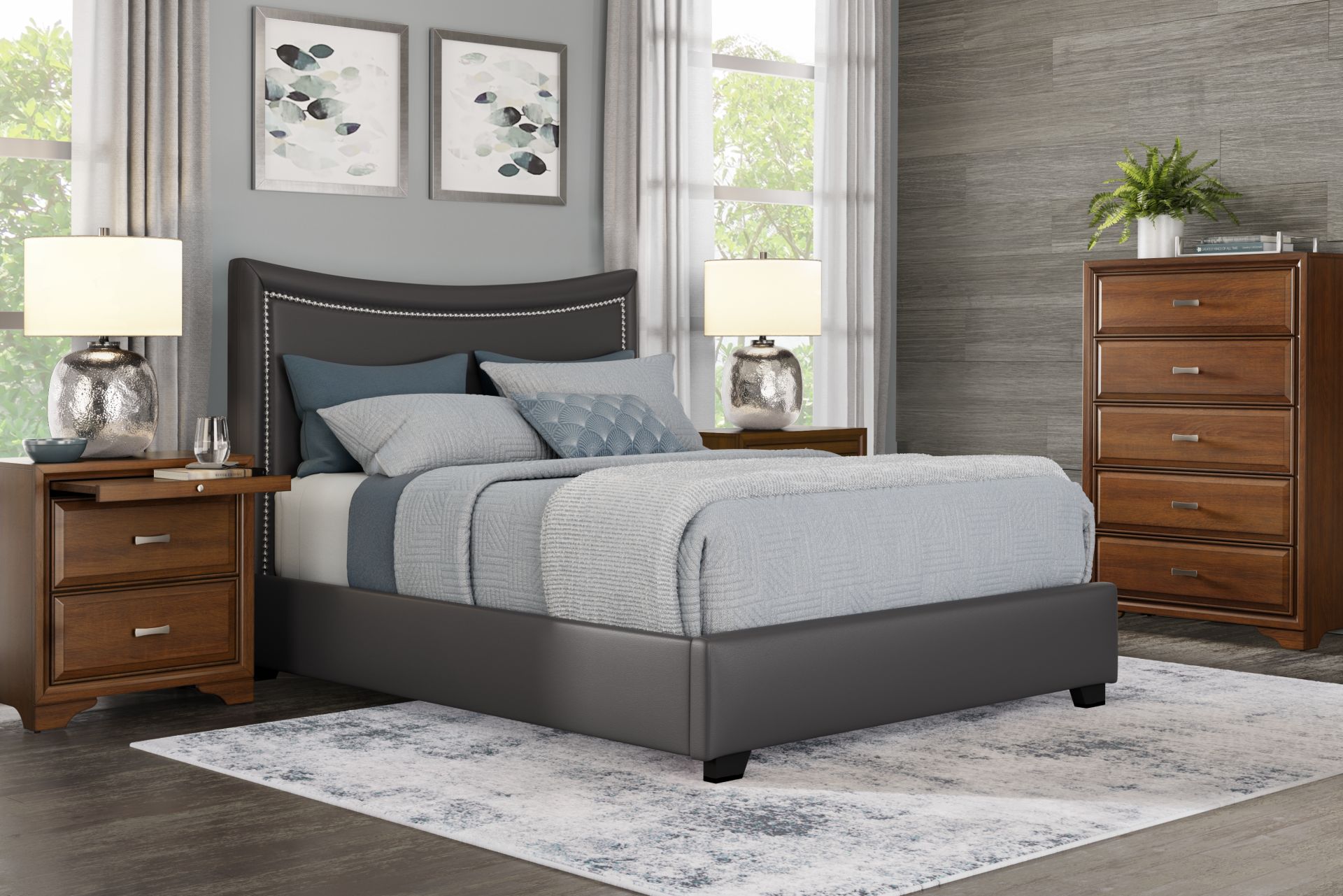Belcourt Brown Cherry Finish 5 Pc Bedroom With Genoa Gray Queen Upholstered Bed - Image 1