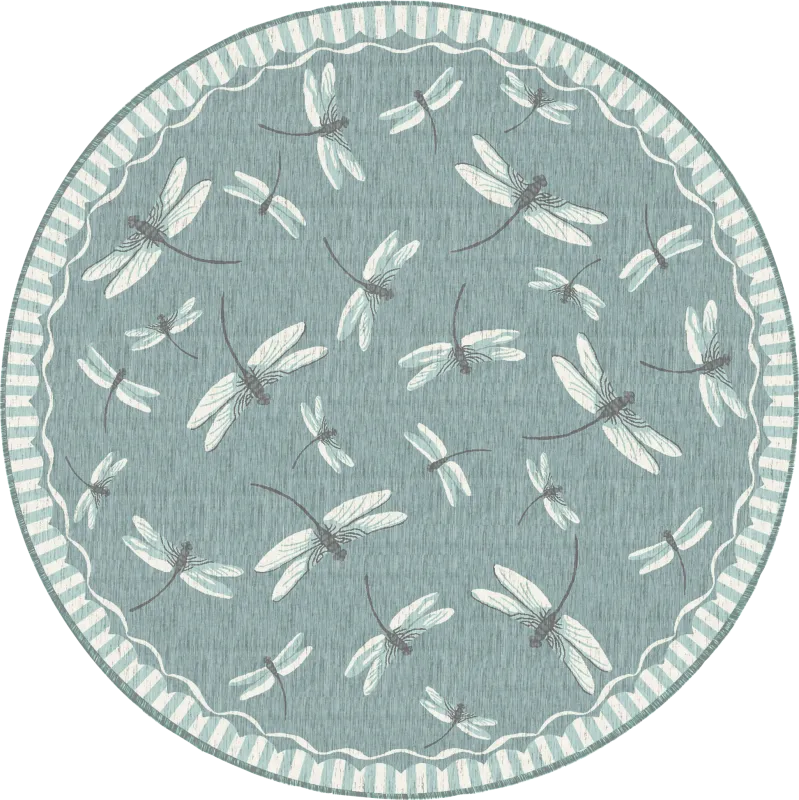 Dragonfly Dance Aqua 7'10 Round Indoor/Outdoor Rug