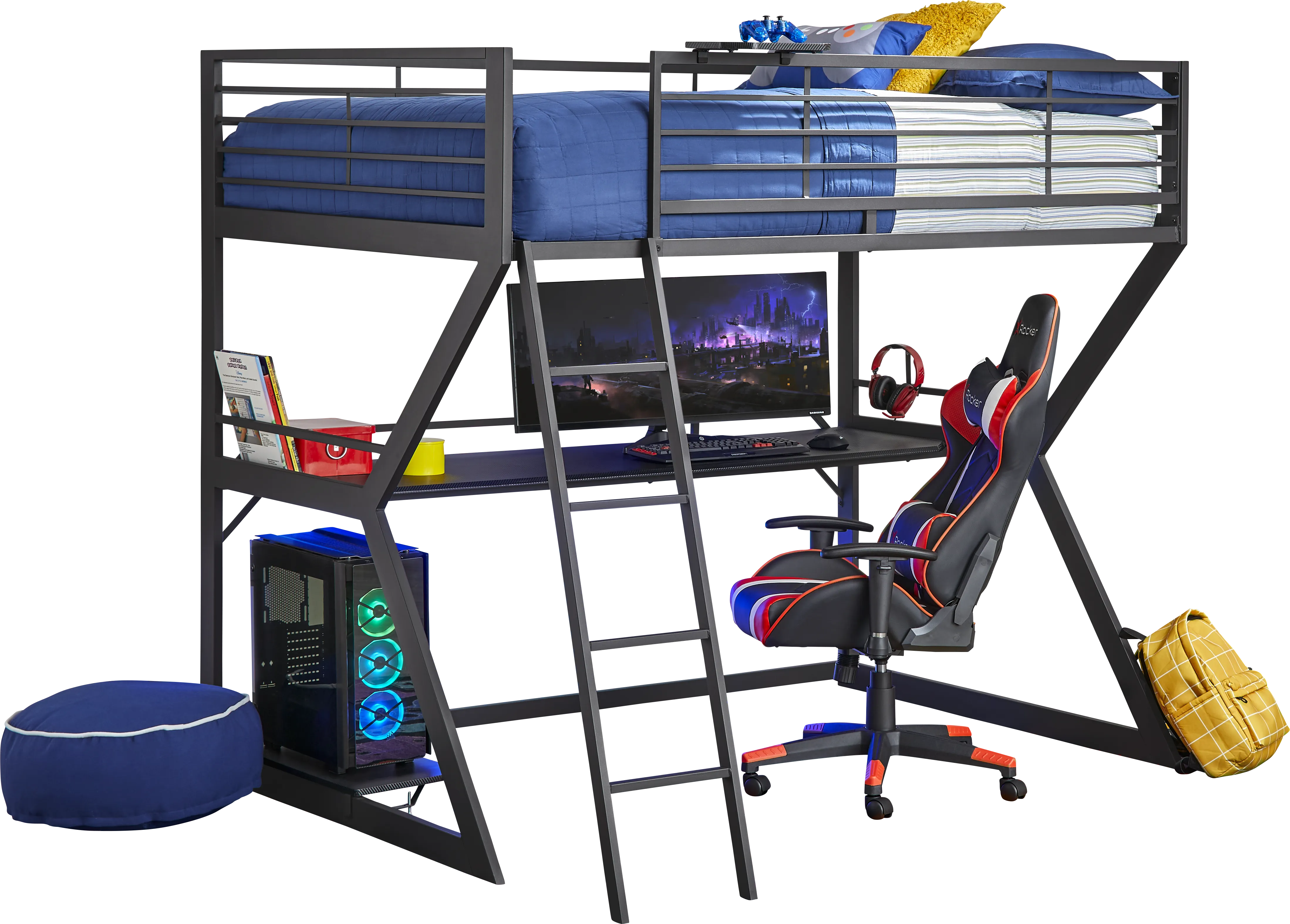Kids Carbon Optix Black Full Gaming Loft Bed with LED Lights and Accessories - Thumbnail - Image 1