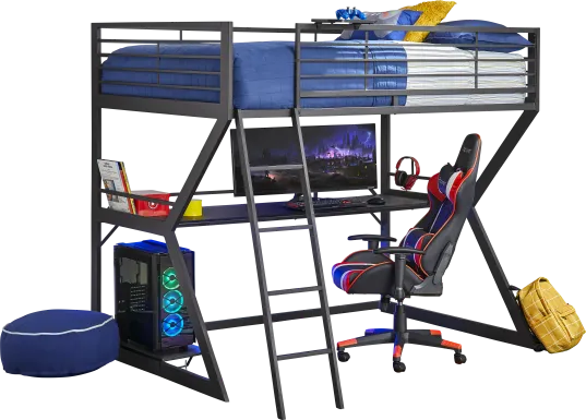 Kids Carbon Optix Black Full Gaming Loft Bed with LED Lights and Accessories