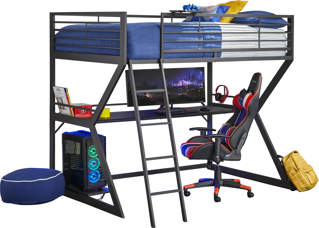 Kids Carbon Optix Black Full Gaming Loft Bed with LED Lights and Accessories
