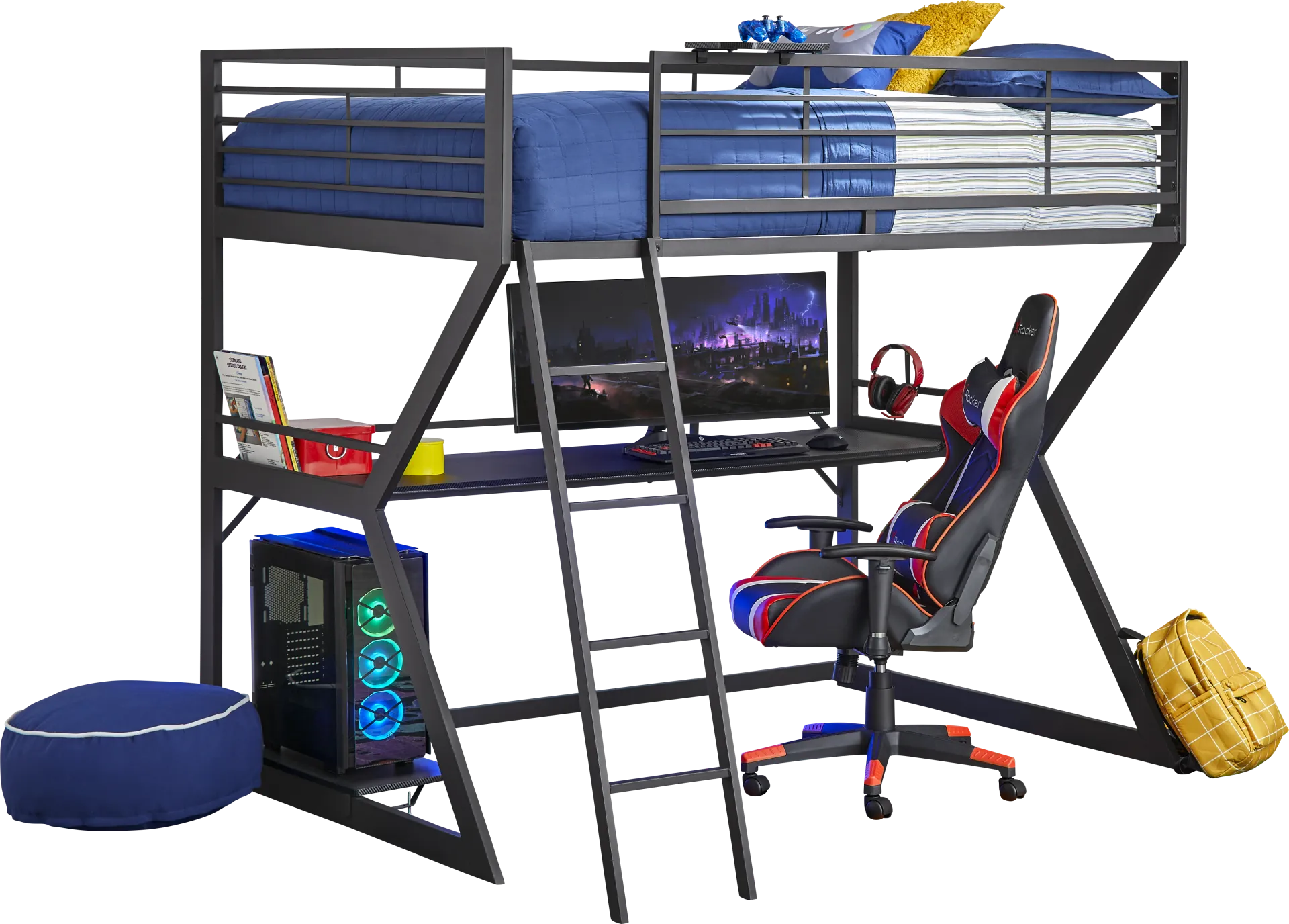 Kids Carbon Optix Black Full Gaming Loft Bed with LED Lights and Accessories - Image 1