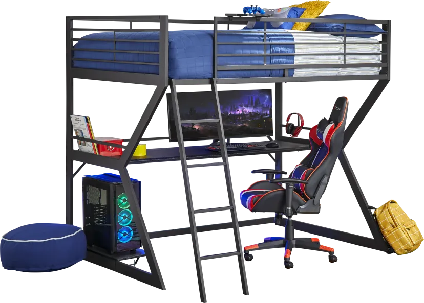 Kids Carbon Optix Black Full Gaming Loft Bed with LED Lights and Accessories
