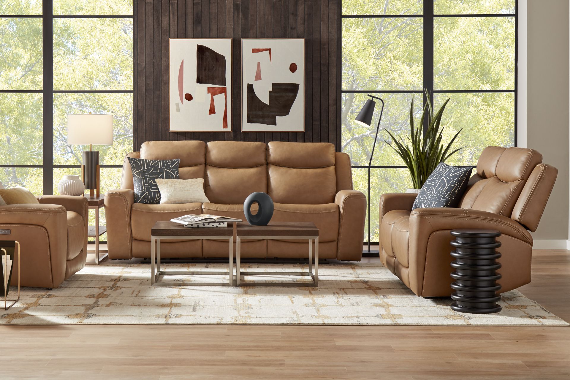 Davidson Caramel Leather 5 Pc Living Room with Dual Power Reclining Sofa - Image 1