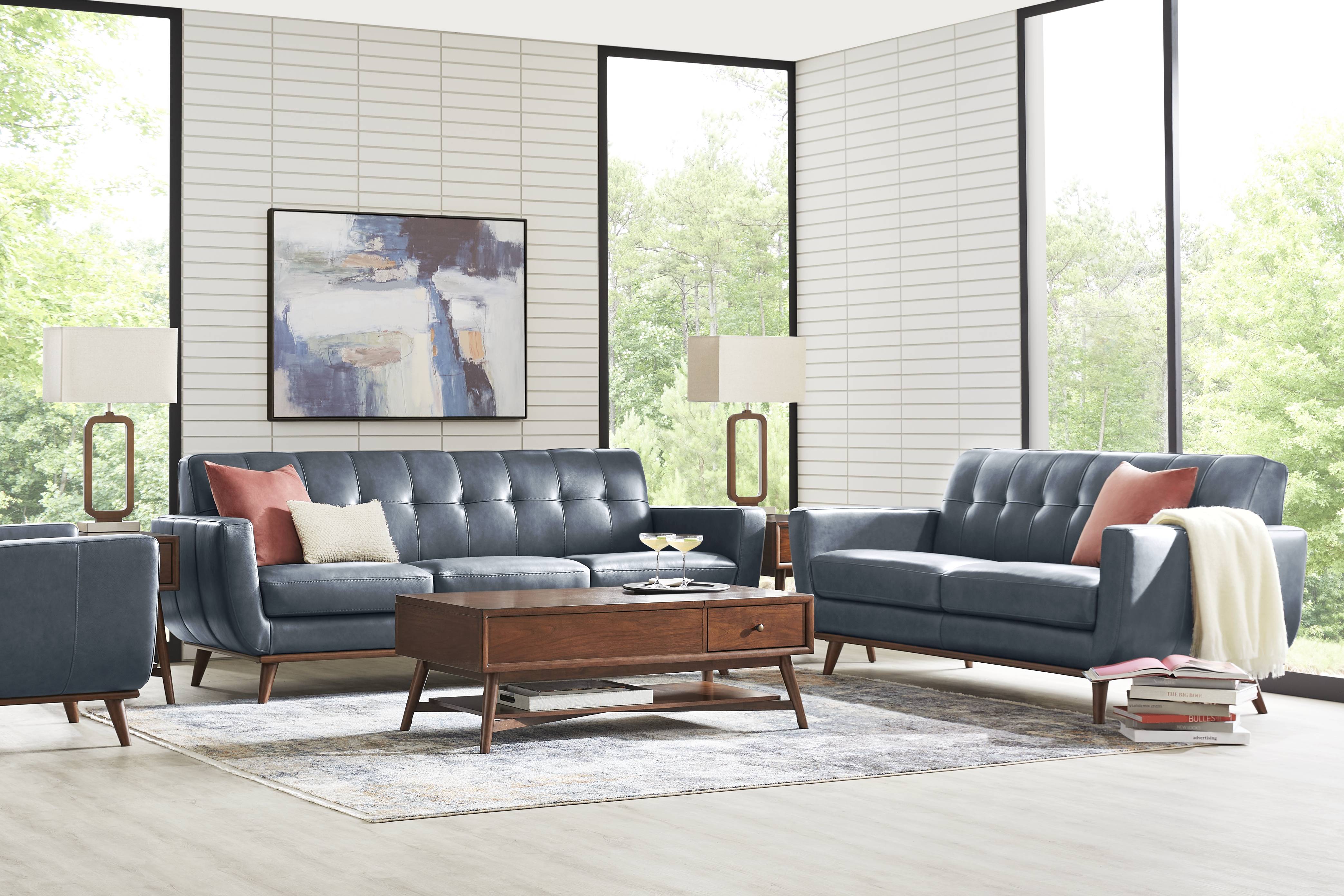 Greyson Blue Leather 3 Pc Living Room - Thumbnail - Image 1