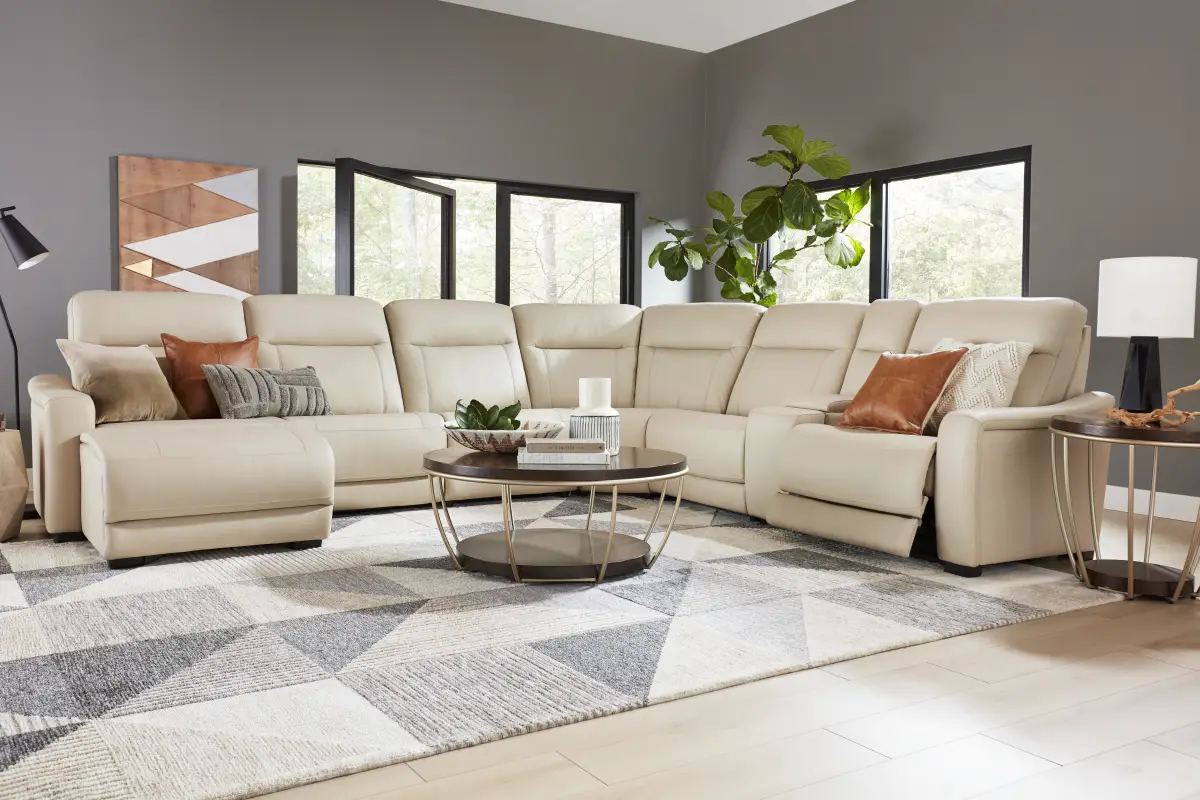 Newport Almond Leather 7 Pc Dual Power Reclining Sectional