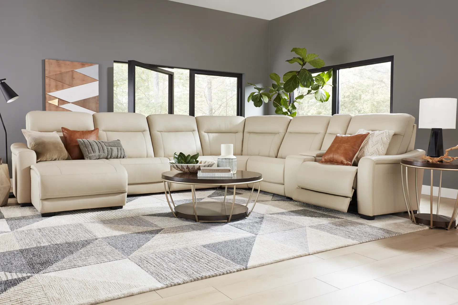 Newport Almond Leather 7 Pc Dual Power Reclining Sectional