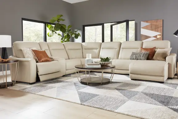 Newport Almond Leather 7 Pc Dual Power Reclining Sectional