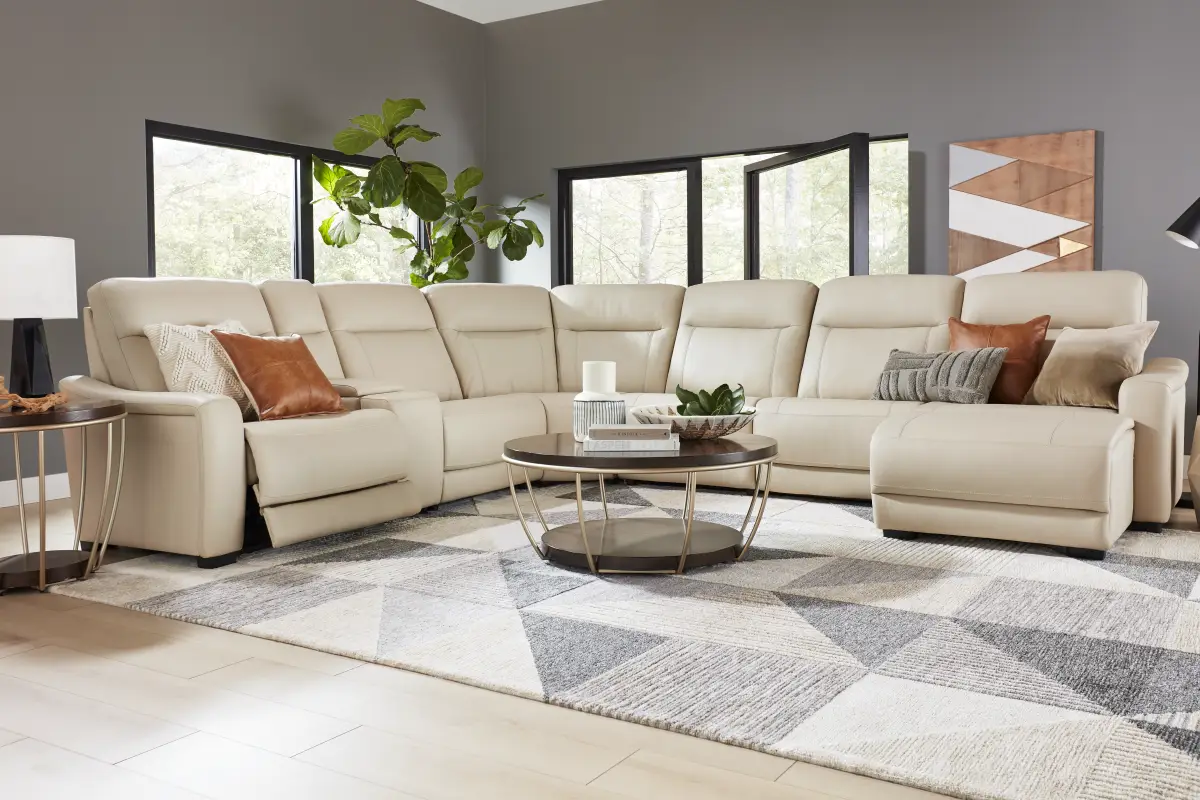 Newport Almond Leather 7 Pc Dual Power Reclining Sectional