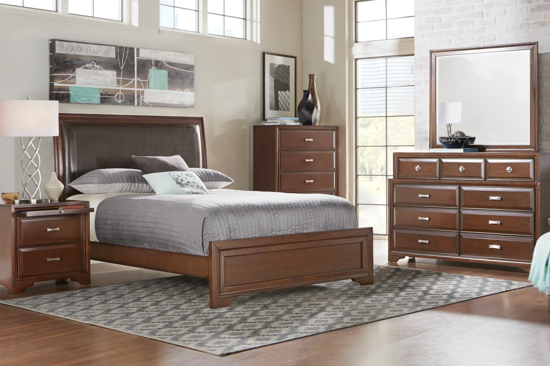 Belcourt Brown Cherry Finish 3 Pc Queen Upholstered Sleigh Arch Bed - Image 1