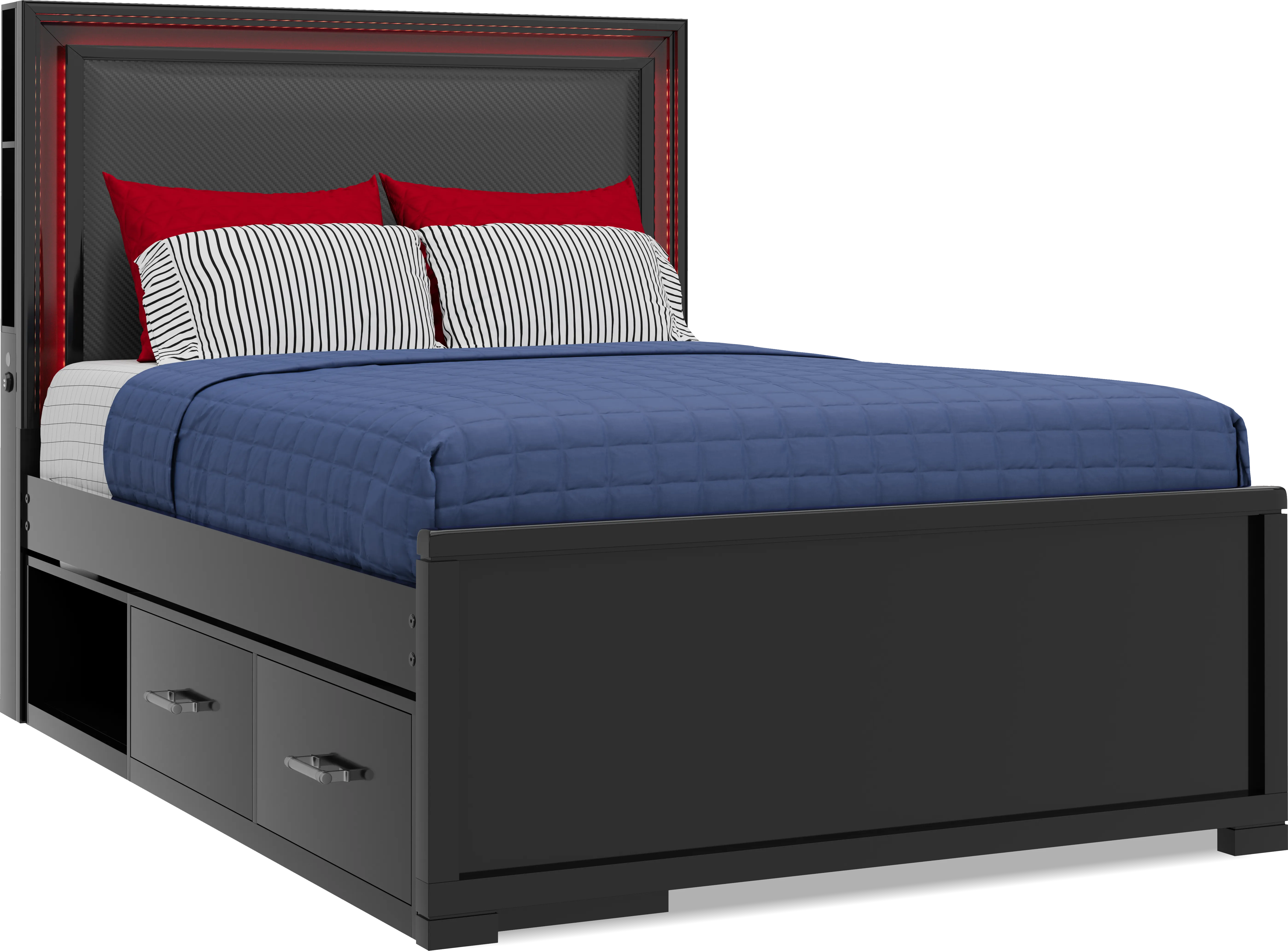 Kids Carbon Optix Black Full Storage Bed with LED Lights - Thumbnail - Image 1