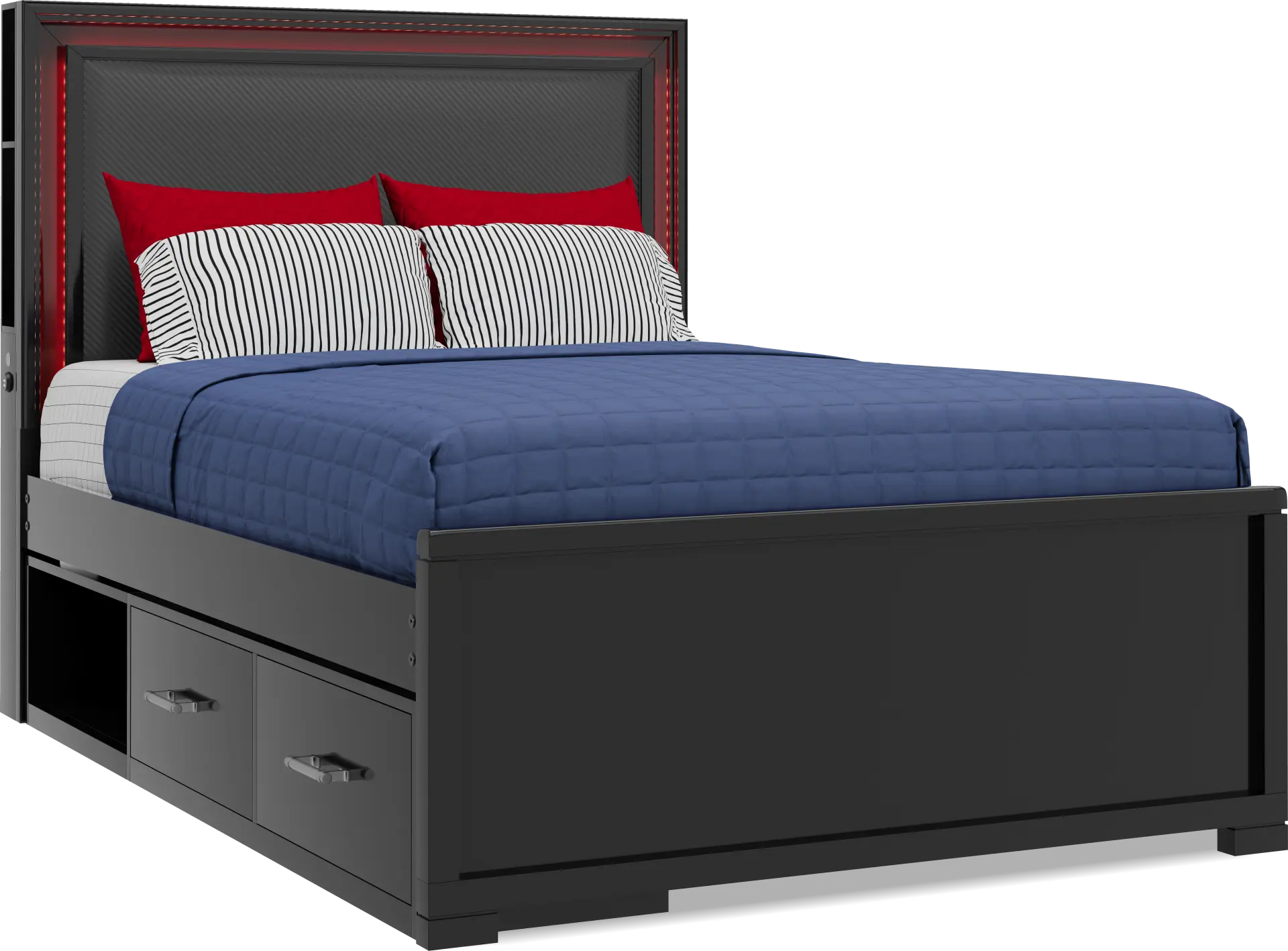 Kids Carbon Optix Black Full Storage Bed with LED Lights