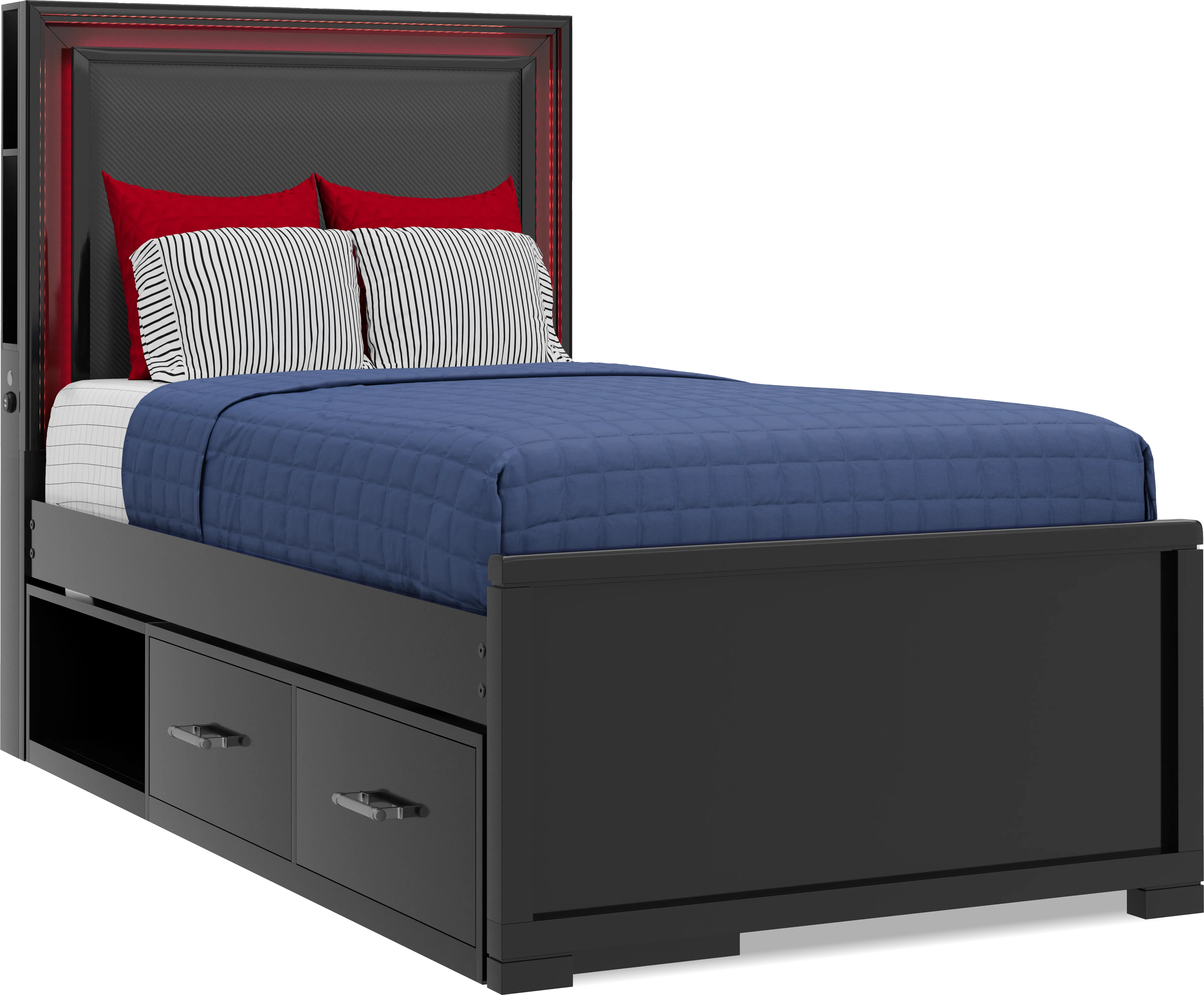 Kids Carbon Optix Black Twin Storage Bed with LED Lights - Thumbnail - Image 1