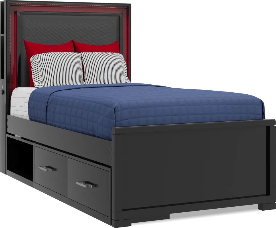 Kids Carbon Optix Black Twin Storage Bed with LED Lights