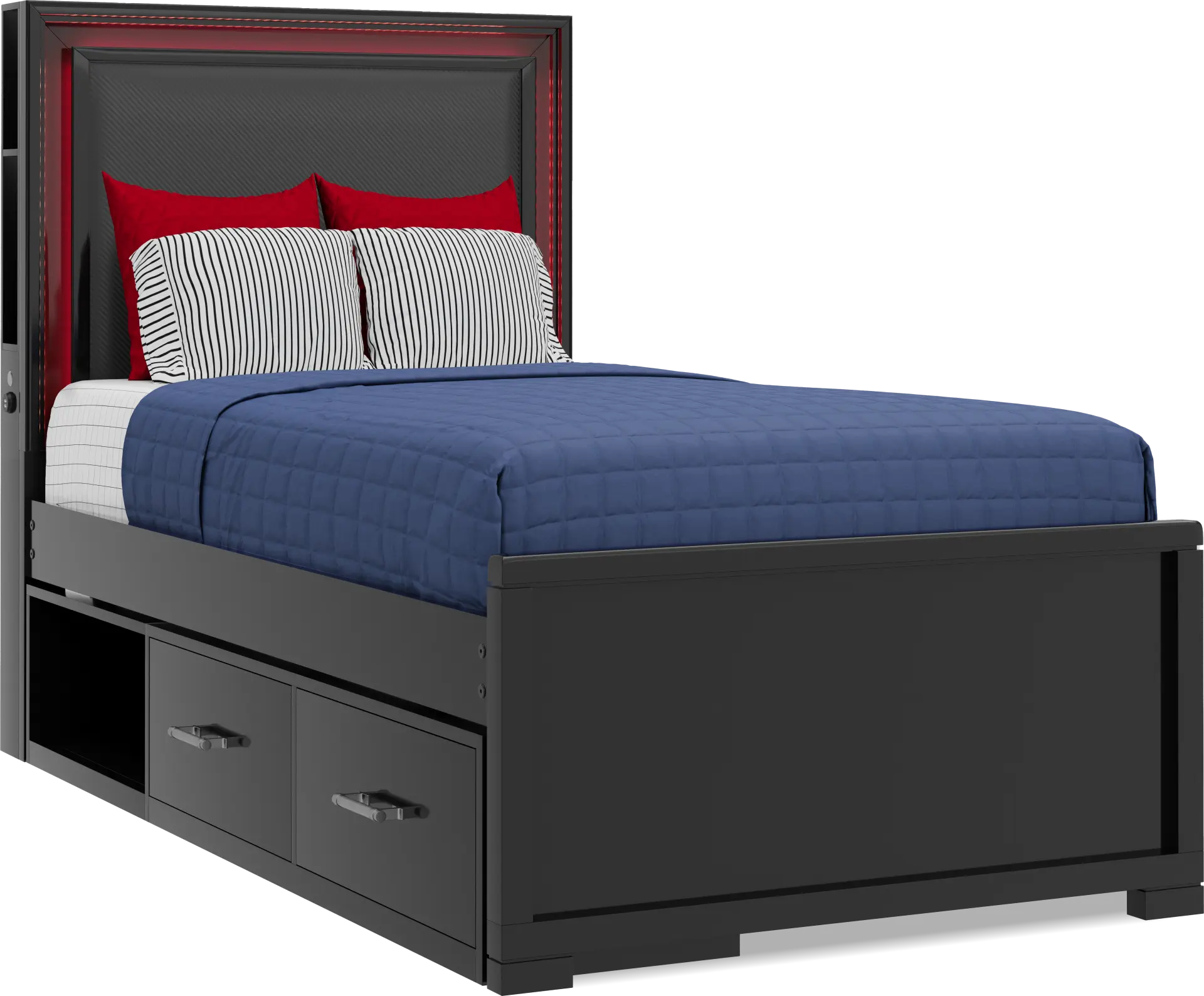 Kids Carbon Optix Black Twin Storage Bed with LED Lights