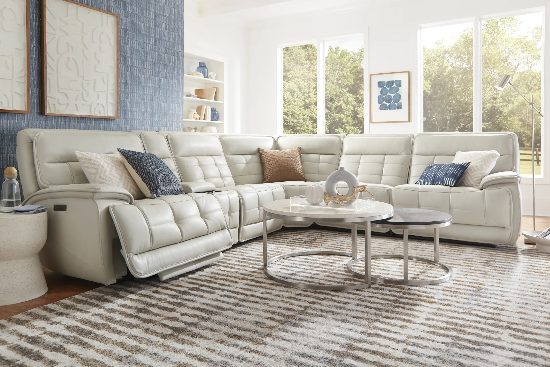 Pacific Heights Light Gray Leather 9 Pc Dual Power Reclining Sectional Living Room - Image 1