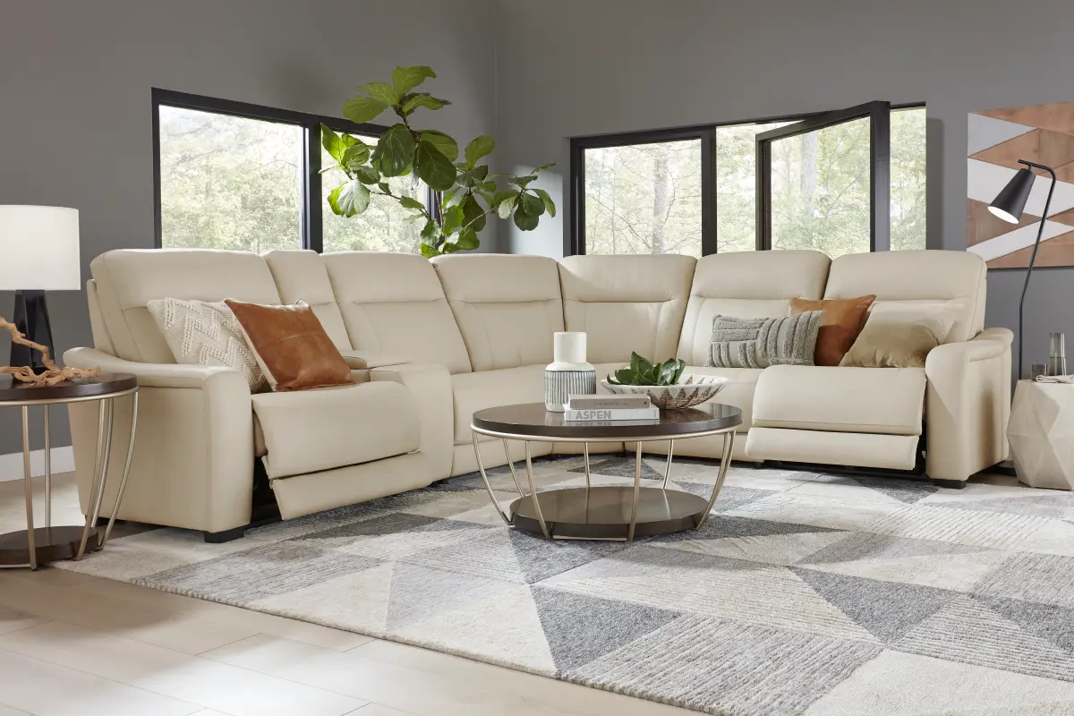 Newport Almond Leather 6 Pc Dual Power Reclining Sectional