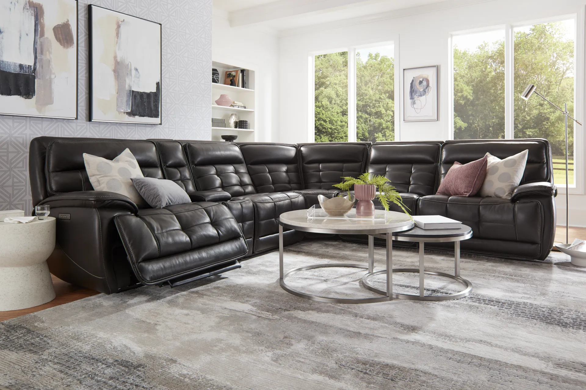 Pacific Heights Black Cherry Leather 7 Pc Dual Power Reclining Sectional Living Room - Image 1