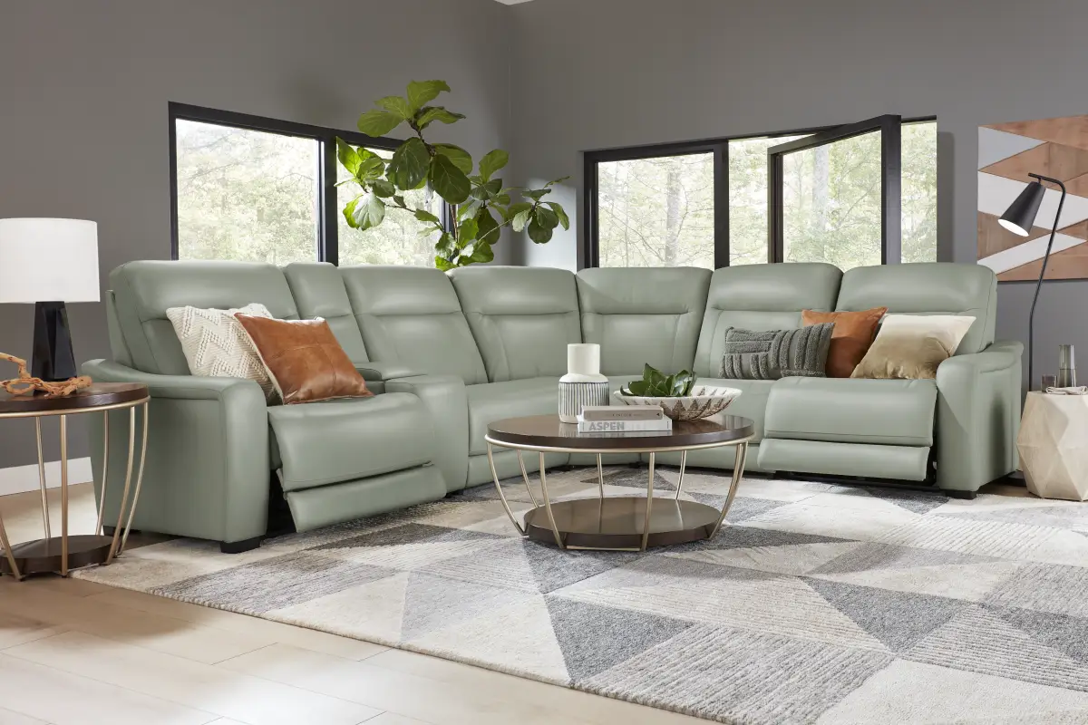 Newport Mint Leather 6 Pc Dual Power Reclining Sectional