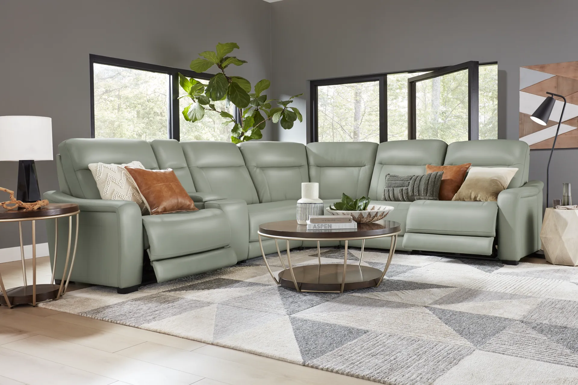 Newport Mint Leather 6 Pc Dual Power Reclining Sectional - Image 1
