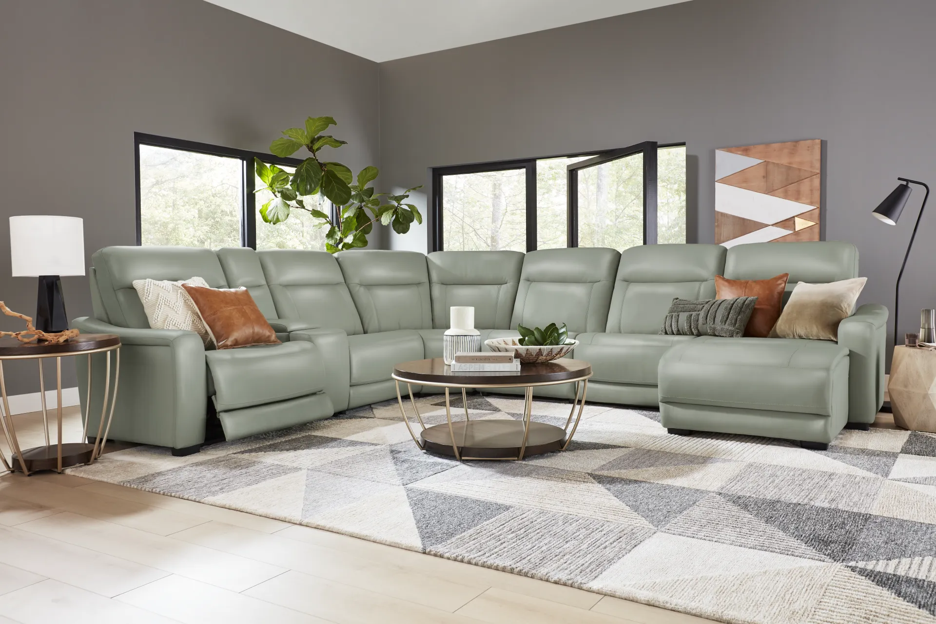 Newport Mint Leather 7 Pc Dual Power Reclining Sectional - Image 1