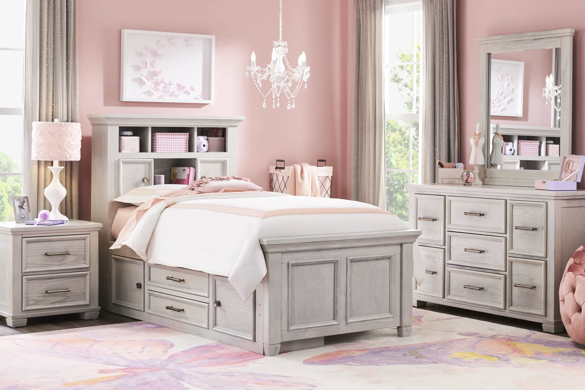 Kids Canyon Lake Ash Gray Full Bookcase Bed with Storage Side Rail - Image 1