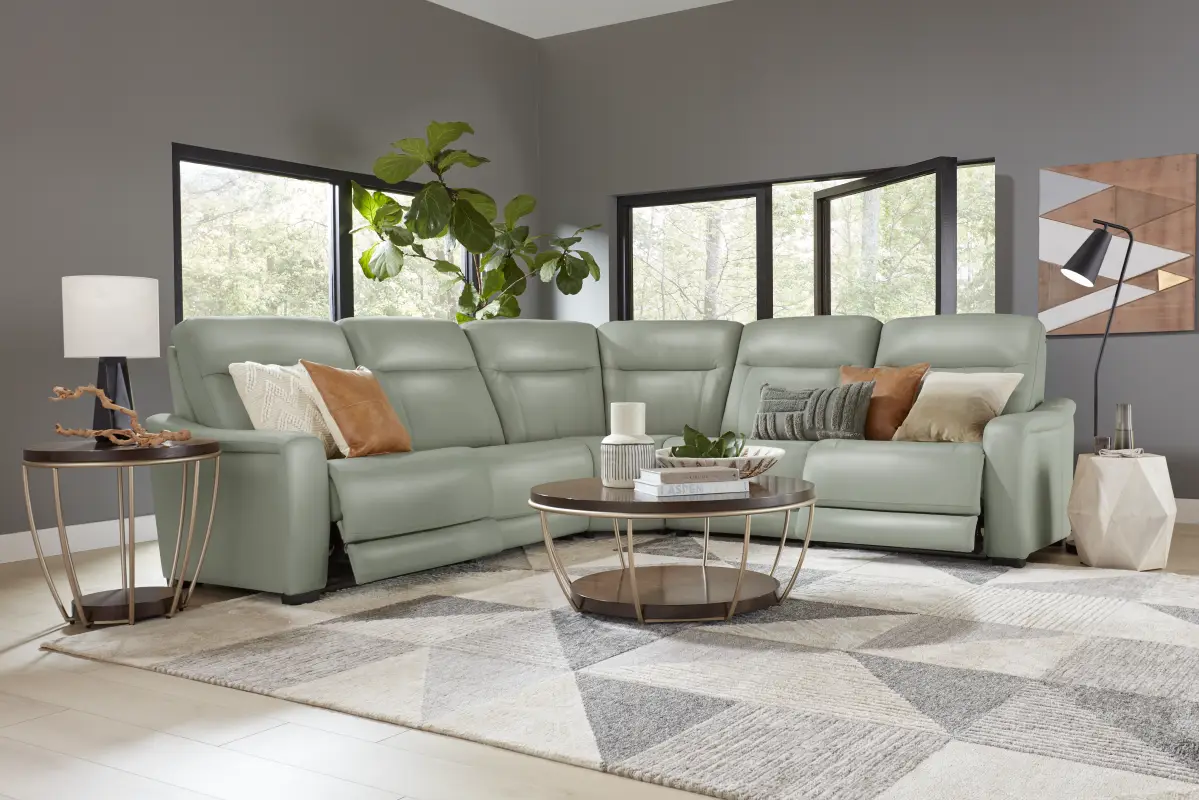 Newport Mint Leather 5 Pc Dual Power Reclining Sectional