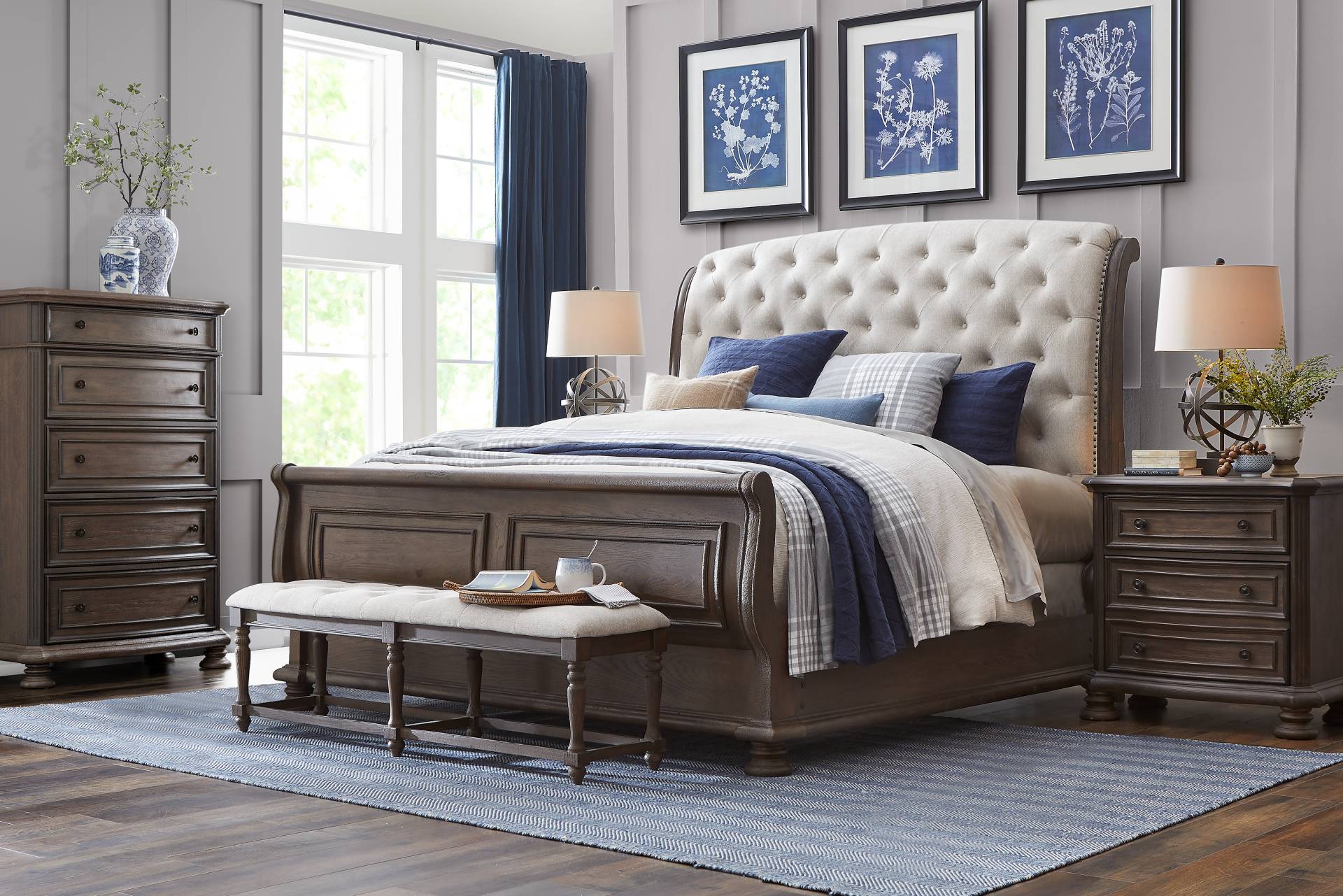 Armitage Dark Brown 5 Pc King Upholstered Bedroom full room