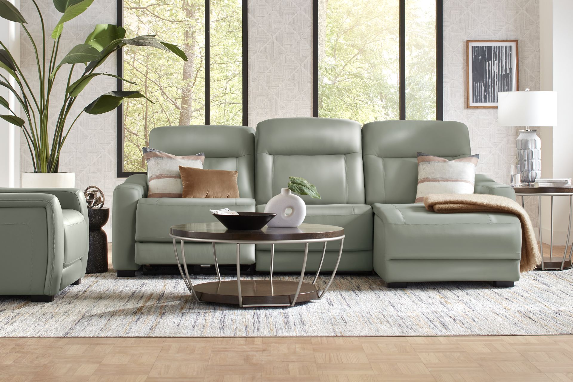 Newport Mint Leather 3 Pc Dual Power Reclining Sectional - Image 2