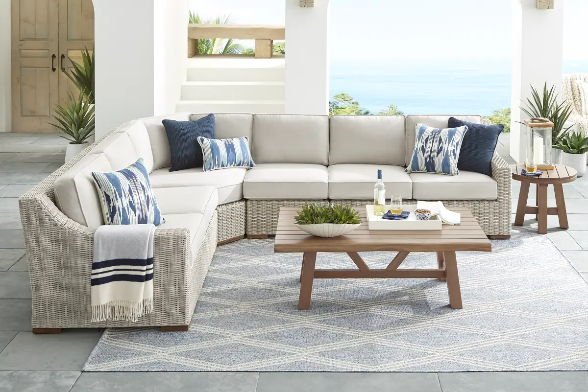 Gray Rattan Linen Patmos Gray Linen Beige Wicker 4 Pc Outdoor Sectional | Rooms to Go