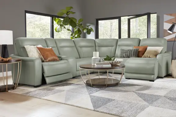 Newport Mint Leather 6 Pc Dual Power Reclining Sectional