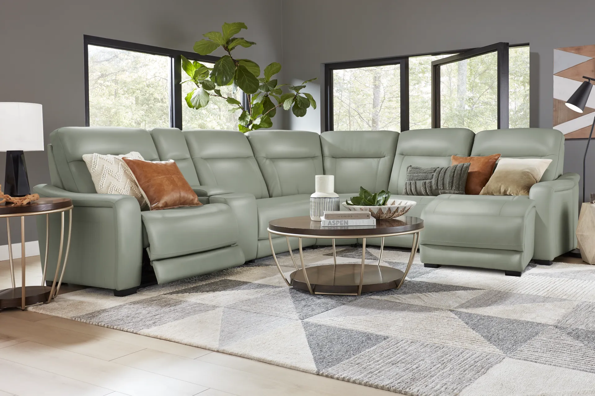Newport Mint Leather 6 Pc Dual Power Reclining Sectional - Image 1