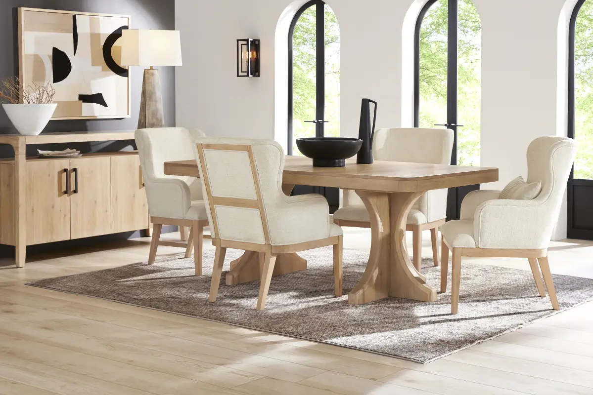 Callen Way Beige 5 Pc Trestle Dining Room with Upholstered Arm Chairs