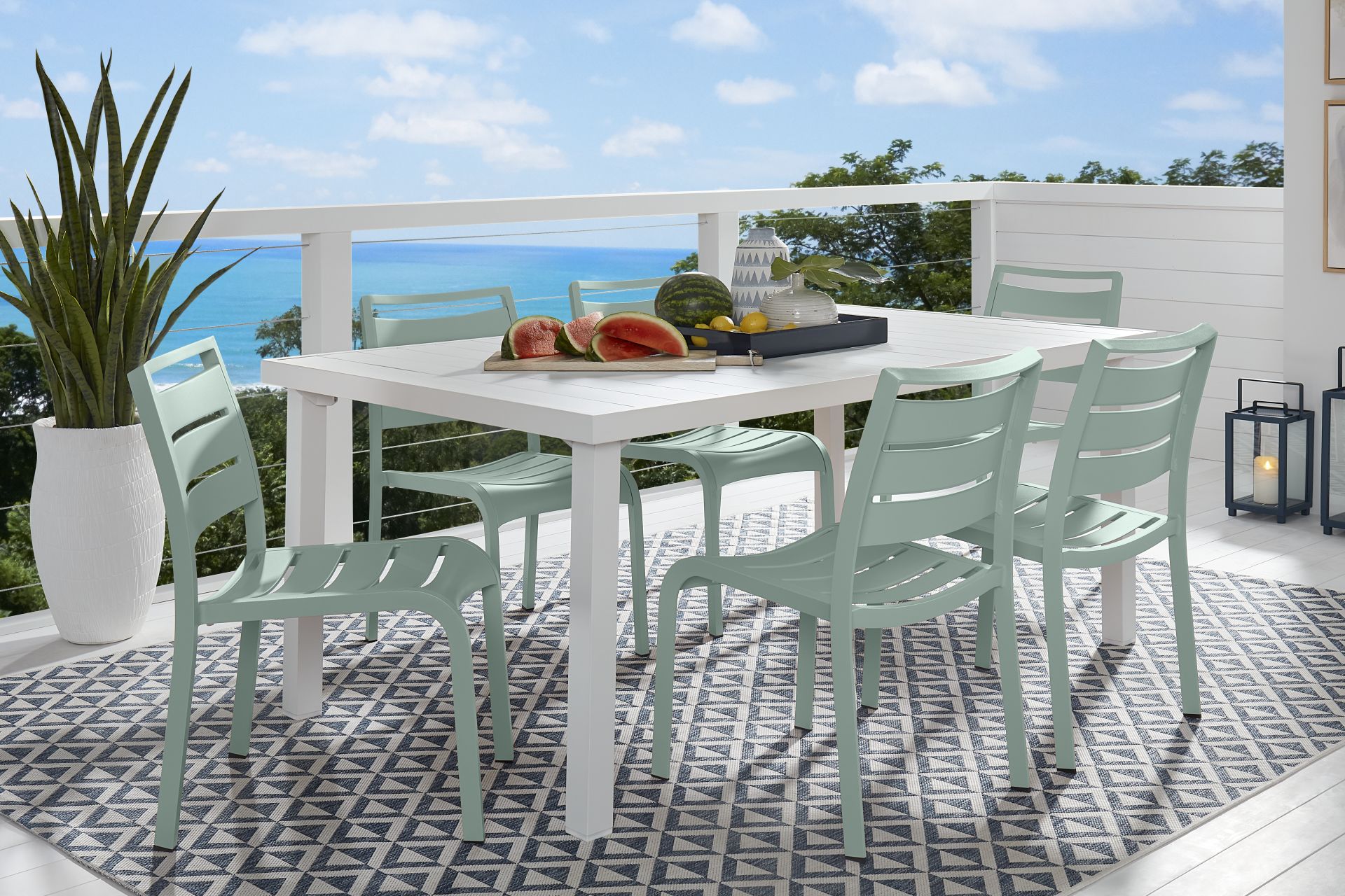 Park Walk White 7 Pc Rectangle Outdoor Dining Set with Surf Chairs - Image 1