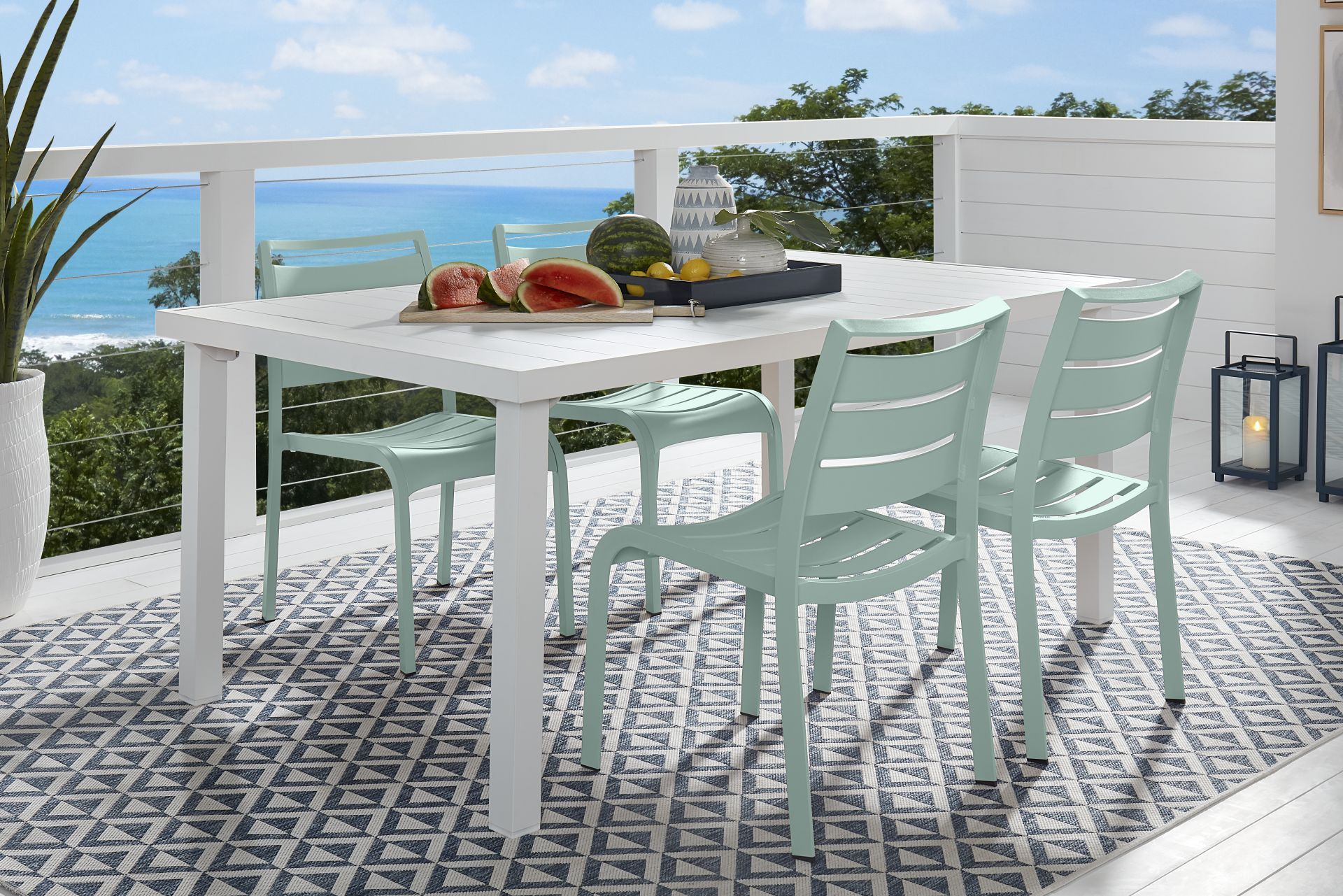 Park Walk White 5 Pc Rectangle Extension Outdoor Dining Set with Surf Chairs - Image 1
