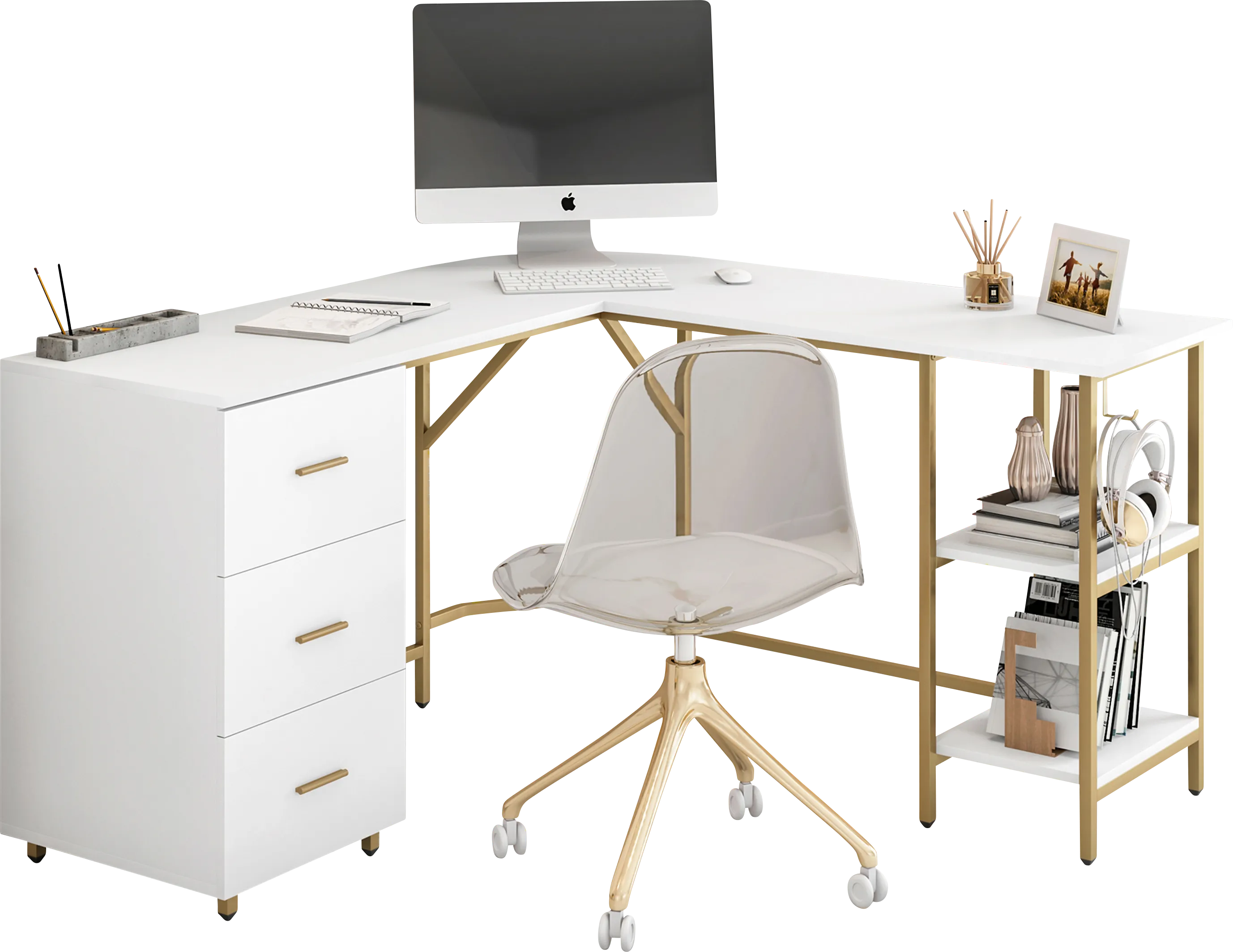 Milldes Gold L-Shaped Storage Desk - Thumbnail - Image 1