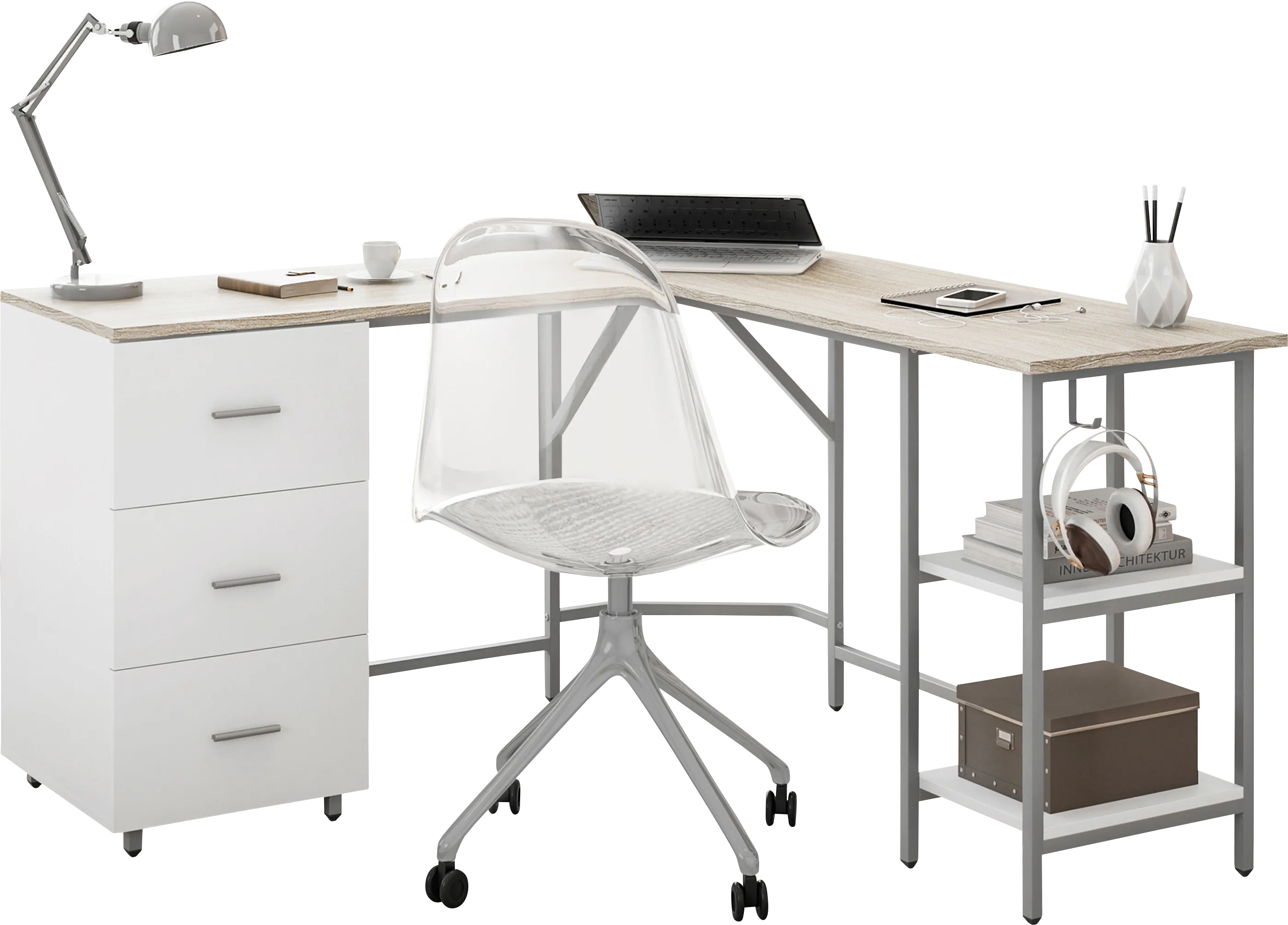 Milldes Beige L-Shaped Storage Desk