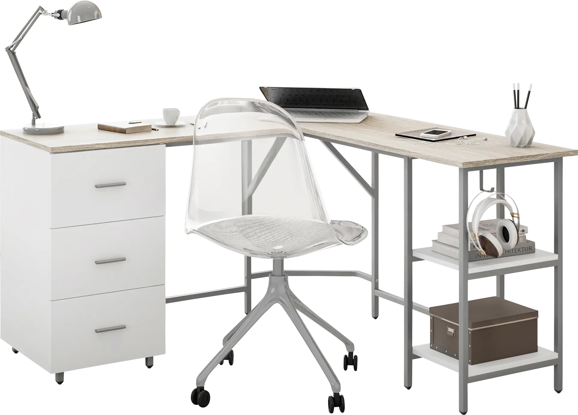 Milldes Beige L-Shaped Storage Desk