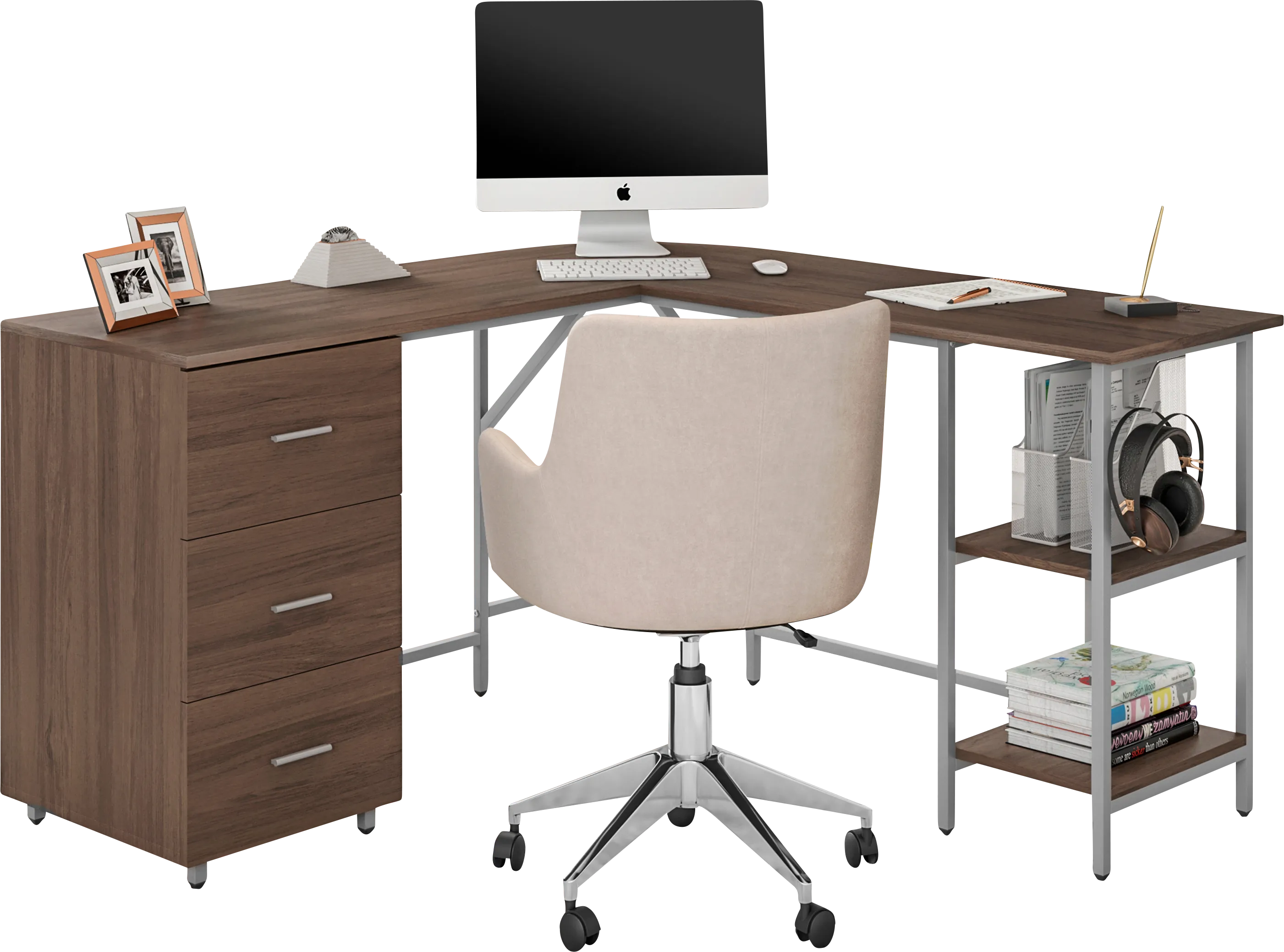 Milldes Walnut L-Shaped Storage Desk - Thumbnail - Image 1