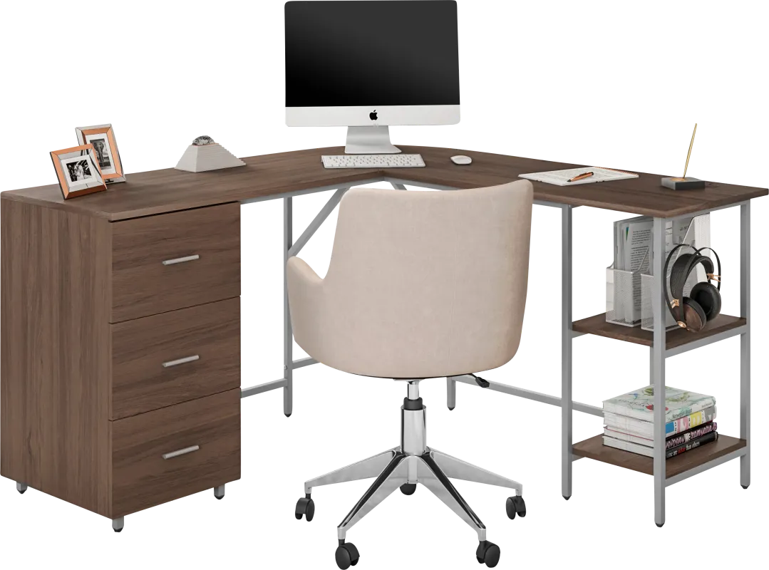 Milldes Walnut L-Shaped Storage Desk