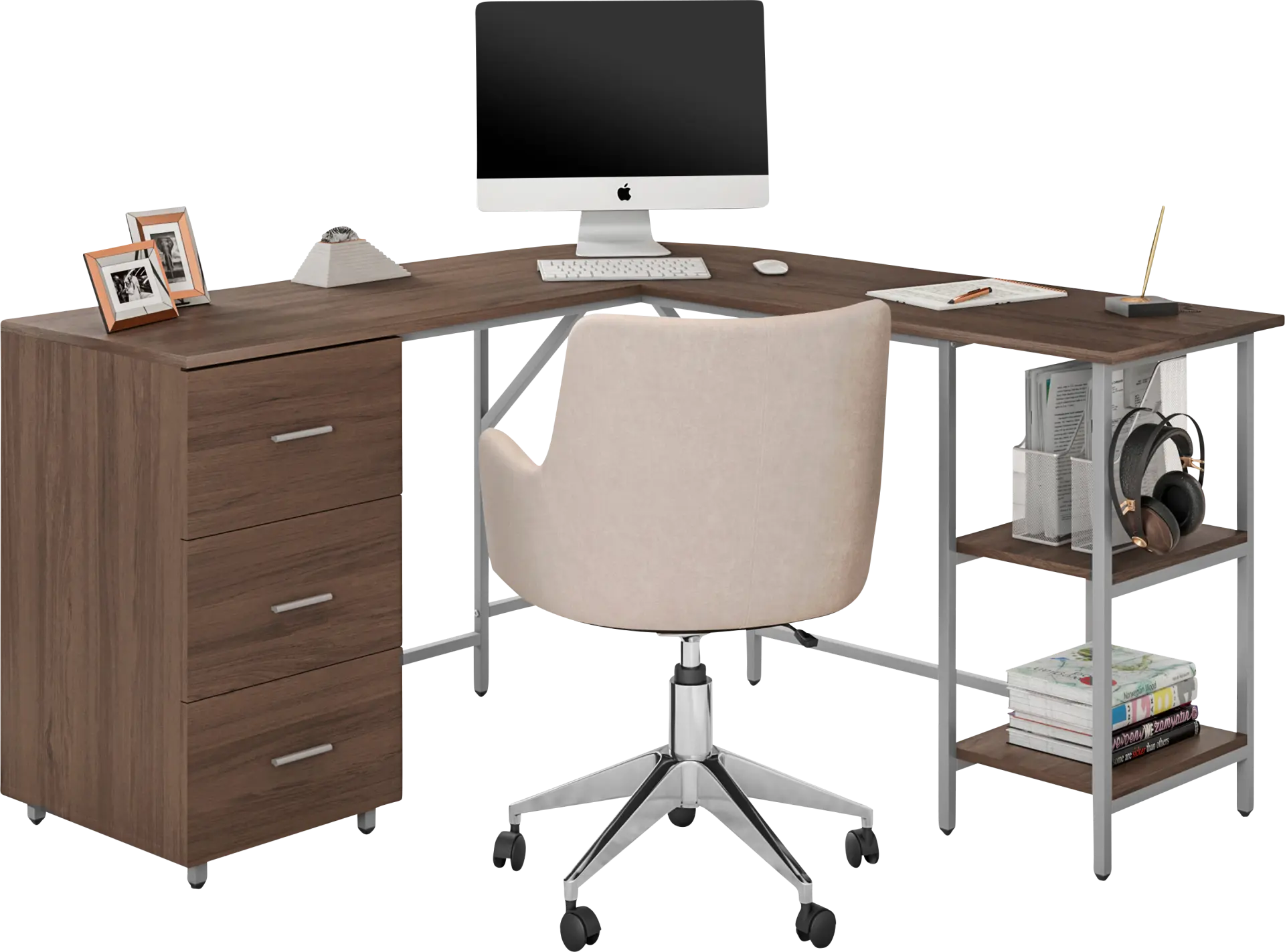 Milldes Walnut L-Shaped Storage Desk