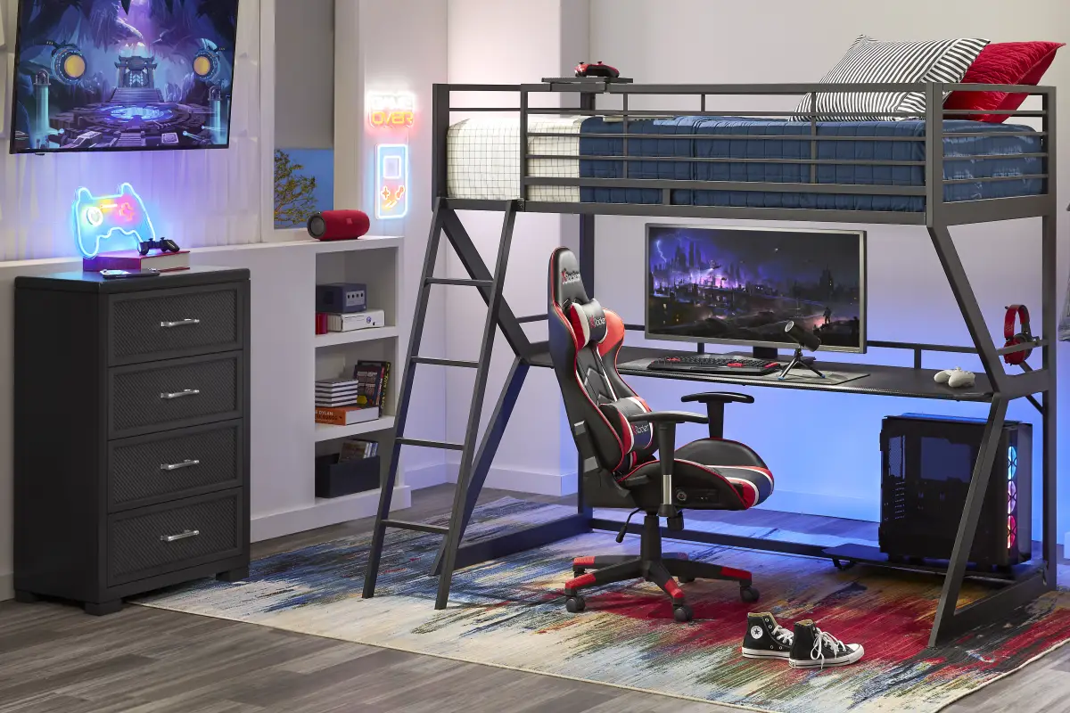 Kids Carbon Optix Black Full Loft Gaming Bedroom with LED Lights and Accessories