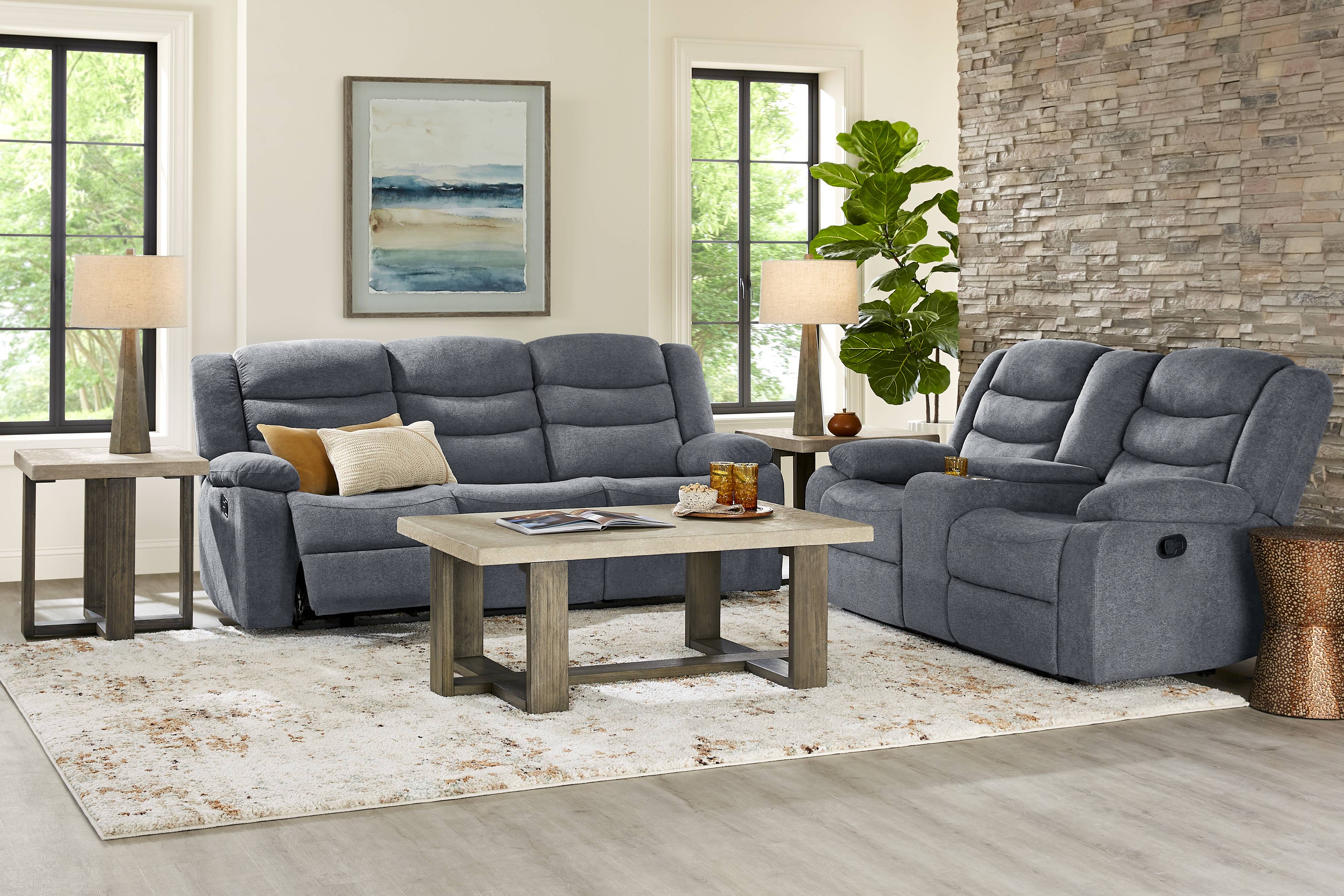 Swansea Blue Reclining Console Loveseat