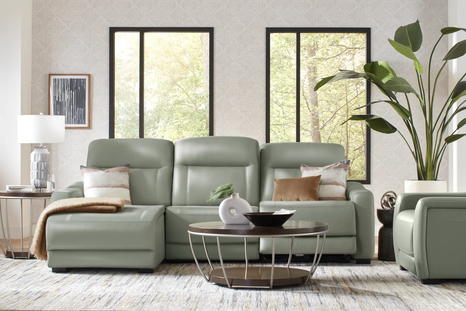 Newport Mint Leather 3 Pc Dual Power Reclining Sectional - Image 1