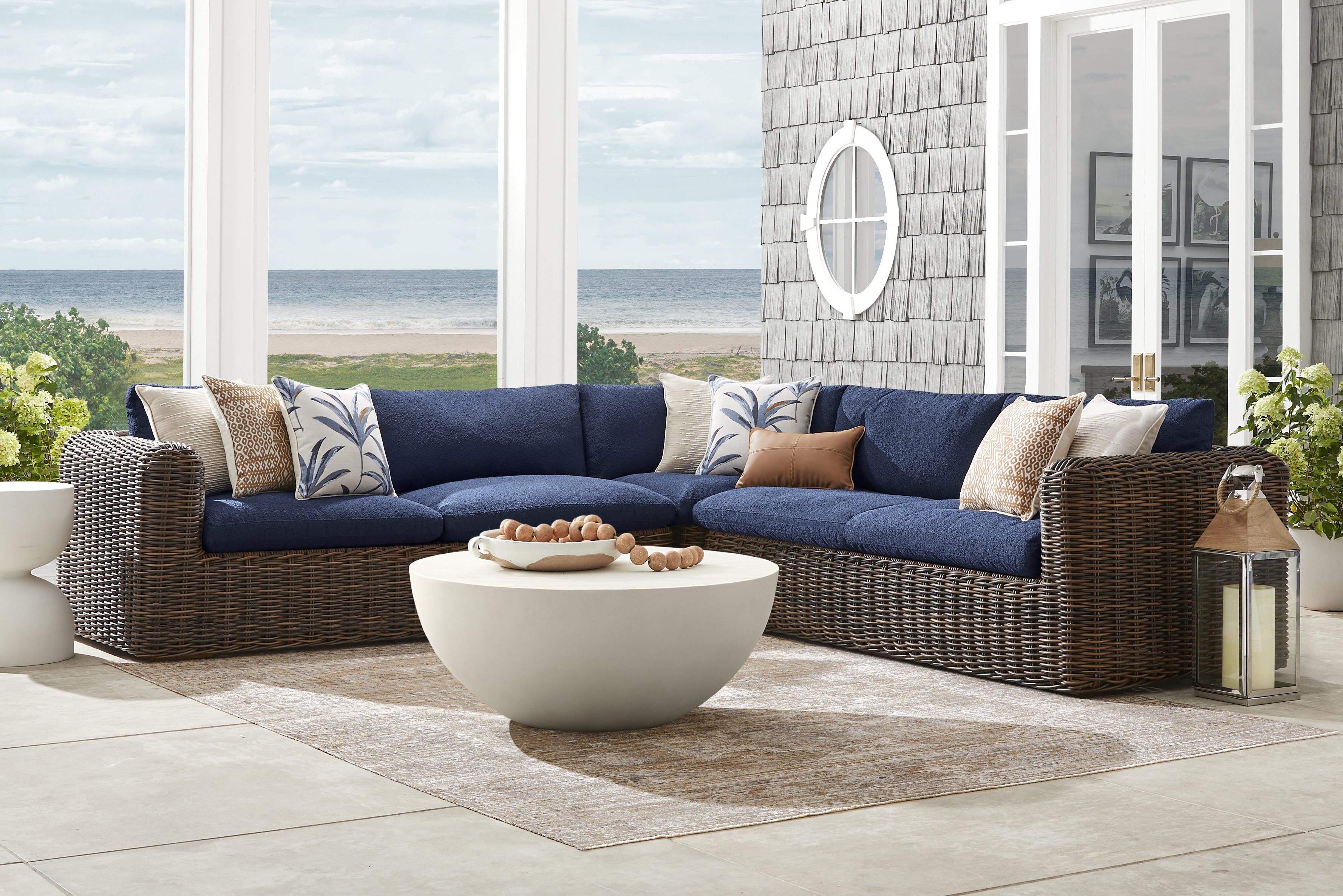 Plume Brown 3 Pc Outdoor Sectional with Navy Cushions - Thumbnail - Image 2