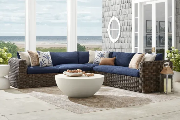 Plume Brown 3 Pc Outdoor Sectional with Navy Cushions