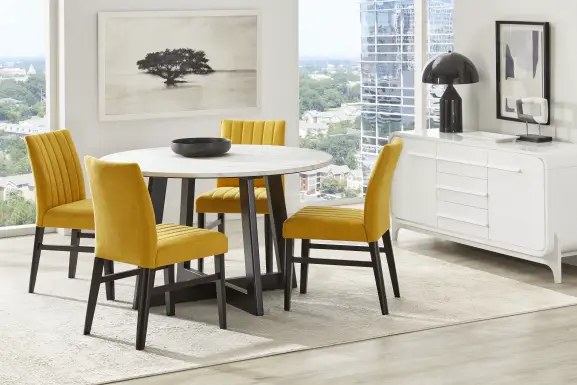 Jarvis White 5 Pc Round Dining Room with Yellow Side Chairs
