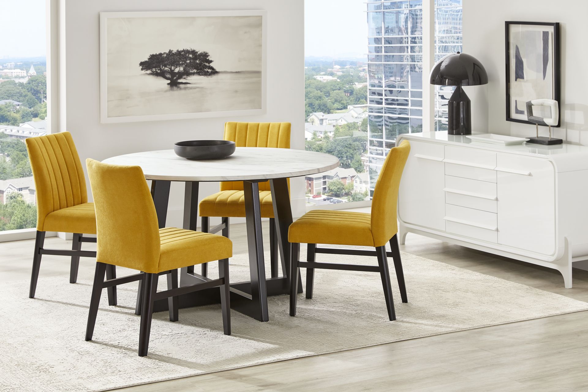 Jarvis White 5 Pc Round Dining Room with Yellow Side Chairs - Image 1