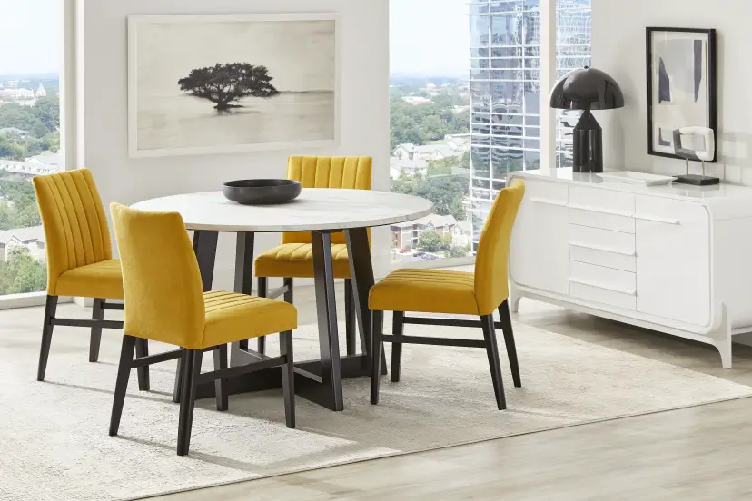 Jarvis White 5 Pc Round Dining Room with Yellow Side Chairs