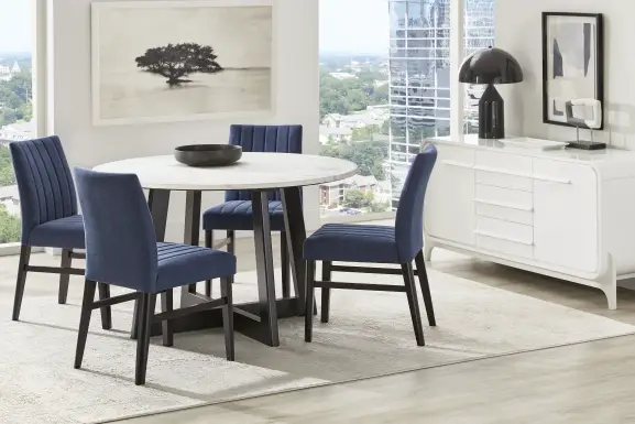 Jarvis White 5 Pc Round Dining Room with Blue Side Chairs